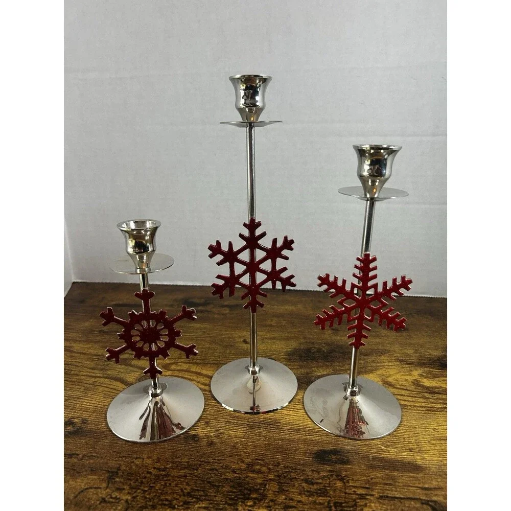 International Silver Red Snowflake Candle Holders Set 3 Christmas Holiday Decor